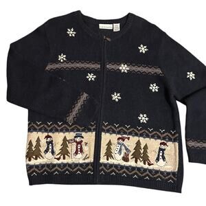 Croft & Barrow Vintage Christmas Embroidered Cardigan Blue Snowmen L Winter